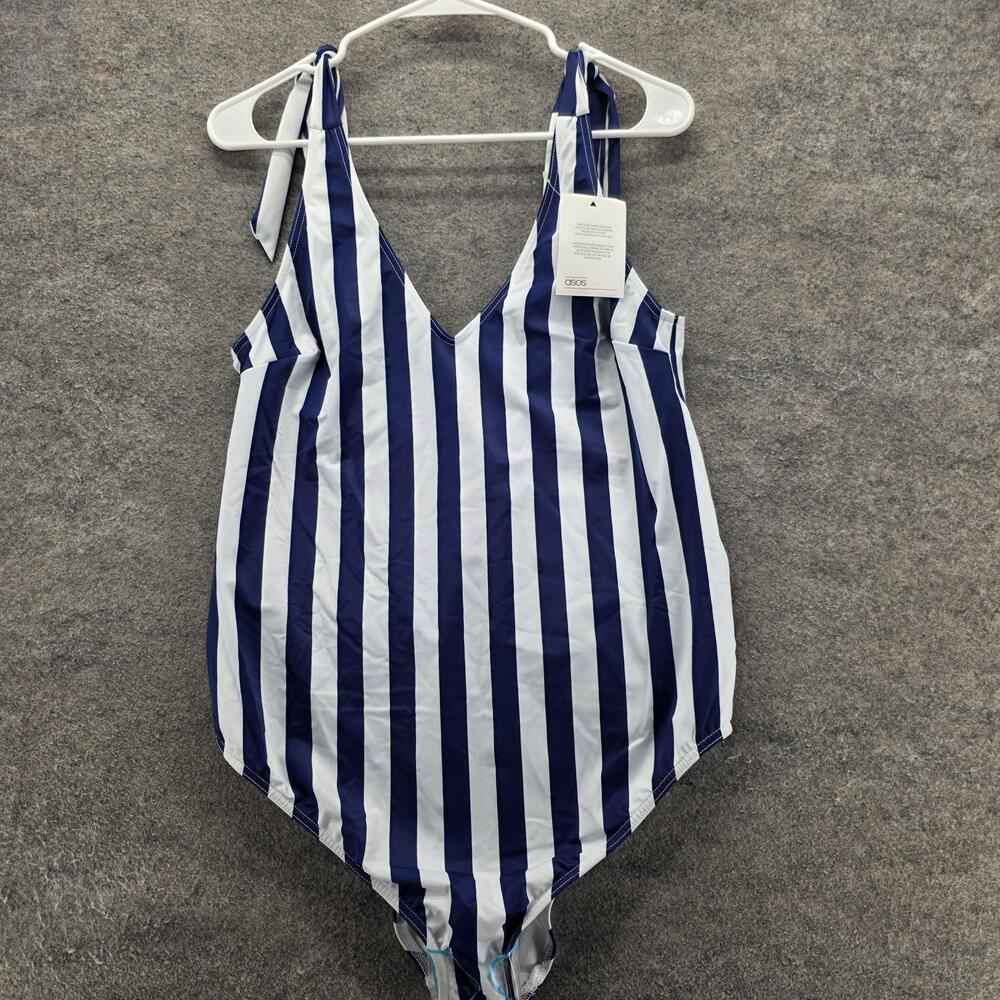 ASOS Swim Swimsuit Womens 10 Navy White Striped One Piece Tie Shoulder V Neck